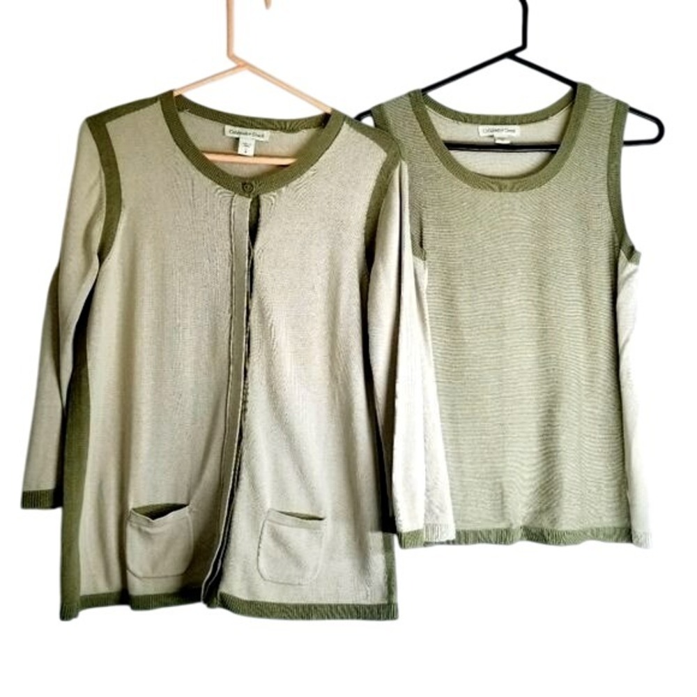 Coldwater Creek Sweater Tank Top and Cardigan Set Olive Green Casual‎ Outfit S